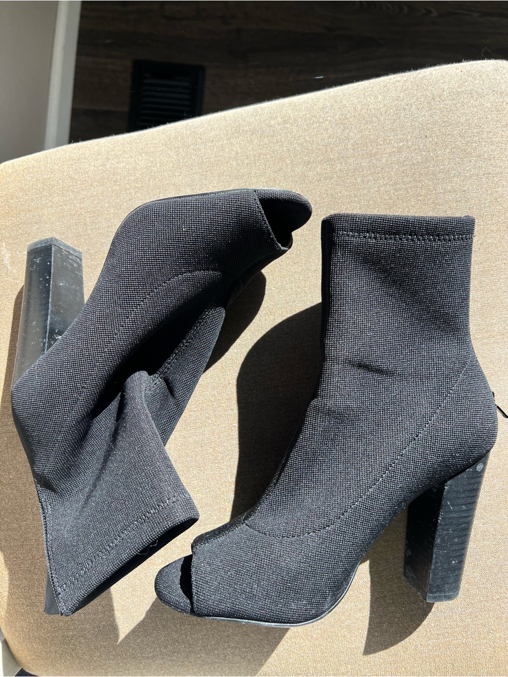 Aldo Black Knit Peep-Toe Sock Booties with Block Heel
